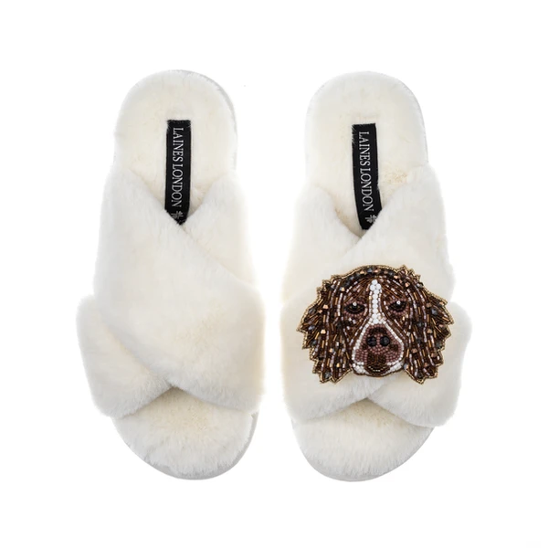 Laines London Classic Laines Slippers With Duke The Brown & White Spaniel Brooch