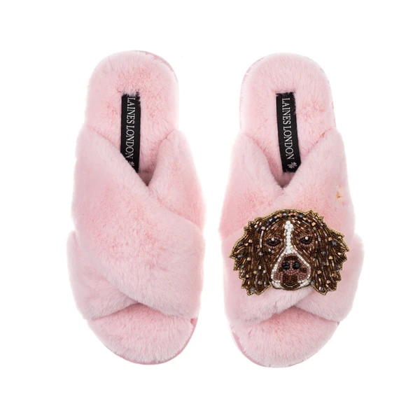 Laines London Classic Laines Slippers With Duke The Brown & White Spaniel Brooch