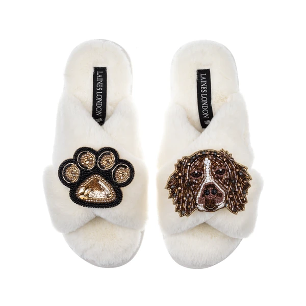 laines london Classic Laines Slippers With Duke The Brown & White Spaniel & Paw Brooches