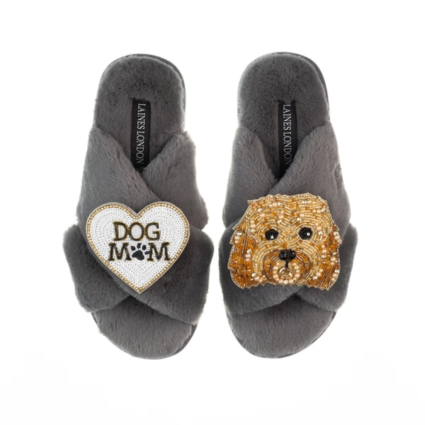 Laines London Classic Laines Slippers With Enki-Doo & Dog Mum / Mom Brooches
