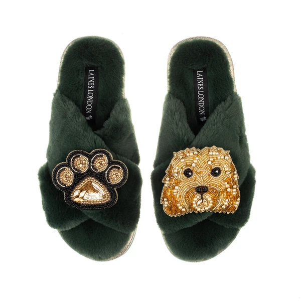 Laines London Classic Laines Slippers With Enki Doo The Cockapoo & Paw Brooches