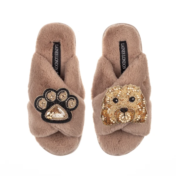 Laines London Classic Laines Slippers With Enki Doo The Cockapoo & Paw Brooches