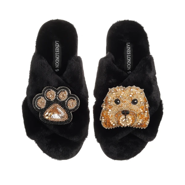 Laines London Classic Laines Slippers With Enki Doo The Cockapoo & Paw Brooches