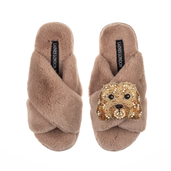 Laines London Classic Laines Slippers With Enki-Doo The Cockapoo Brooch