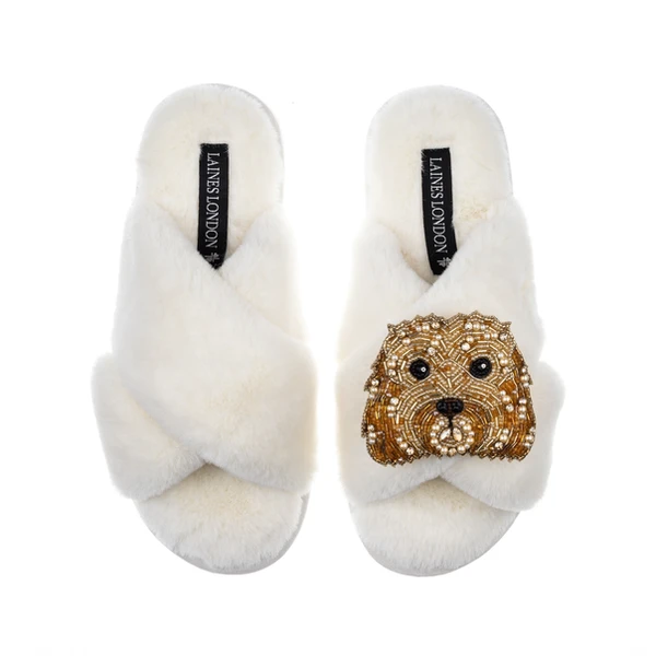 Laines London Classic Laines Slippers With Enki-Doo The Cockapoo Brooch