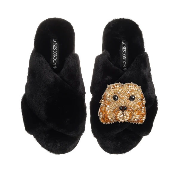 laines london Classic Laines Slippers With Enki-Doo The Cockapoo Brooch