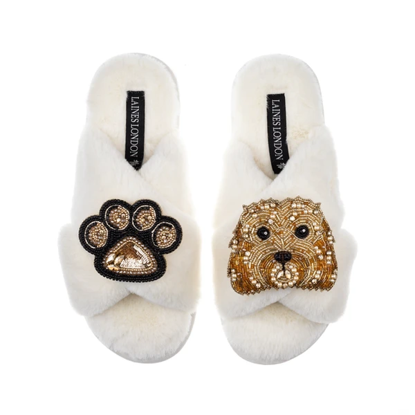 laines london Classic Laines Slippers With Enki Doo The Cockapoo & Paw Brooches