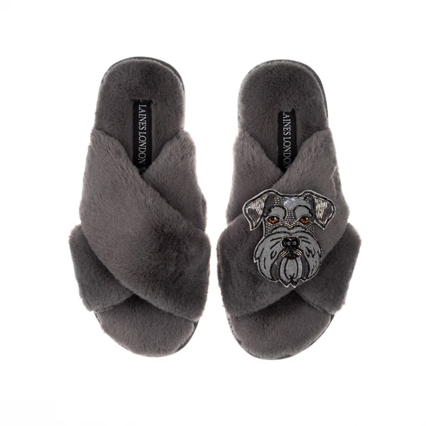 Laines London Classic Laines Slippers With Ernie The Schnauzer Brooch