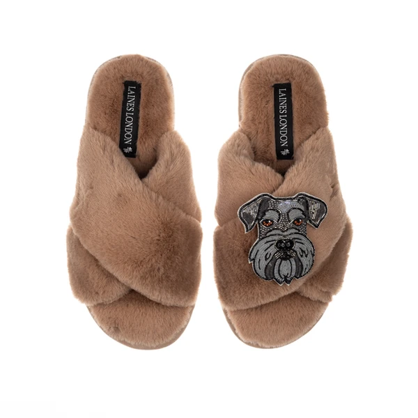 Laines London Classic Laines Slippers With Ernie The Schnauzer Brooch