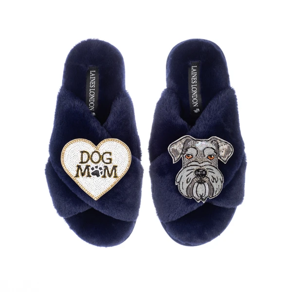 Laines London Classic Laines Slippers With Ernie The Schnauzer & Dog Mum / Mom Brooches
