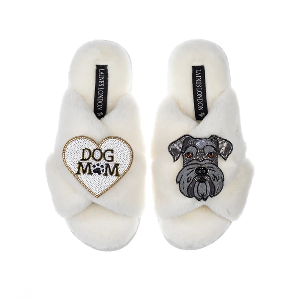Laines London Classic Laines Slippers With Ernie The Schnauzer & Dog Mum / Mom Brooches