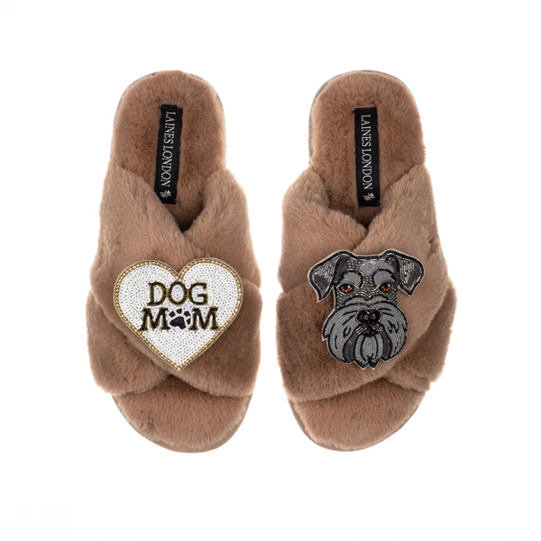 Laines London Classic Laines Slippers With Ernie The Schnauzer & Dog Mum / Mom Brooches