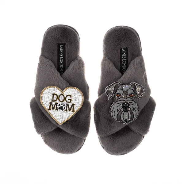 laines london Classic Laines Slippers With Ernie The Schnauzer & Dog Mum / Mom Brooches