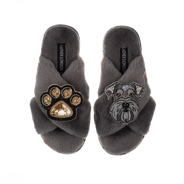 Laines London Classic Laines Slippers With Ernie The Schnauzer & Paw Brooches