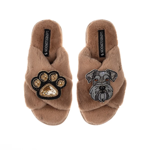 Laines London Classic Laines Slippers With Ernie The Schnauzer & Paw Brooches