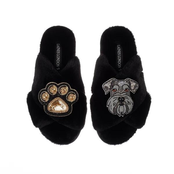Laines London Classic Laines Slippers With Ernie The Schnauzer & Paw Brooches