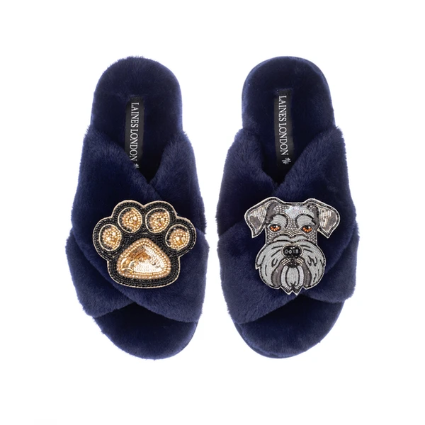 laines london Classic Laines Slippers With Ernie The Schnauzer & Paw Brooches