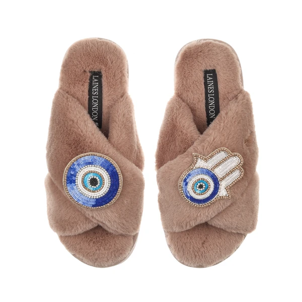 Laines London Classic Laines Slippers With Evil Eye & Hamsa Hand Brooches