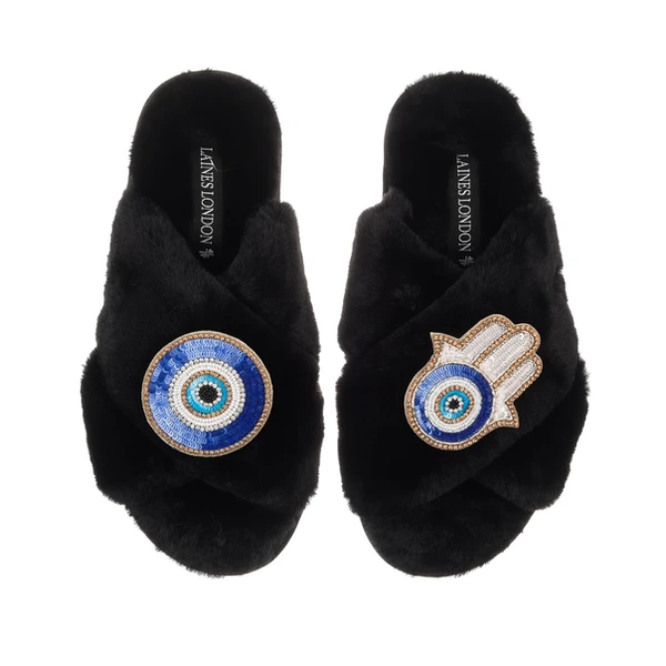 Laines London Classic Laines Slippers With Evil Eye & Hamsa Hand Brooches