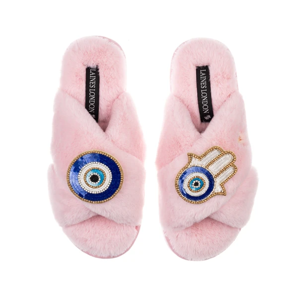 Laines London Classic Laines Slippers With Evil Eye & Hamsa Hand Brooches