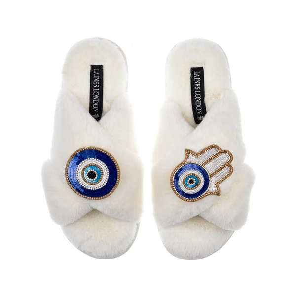laines london Classic Laines Slippers With Evil Eye & Hamsa Hand Brooches