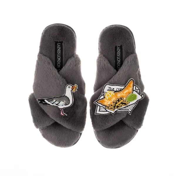 Laines London Classic Laines Slippers With Fish & Chips & Cheeky Seagull Brooches