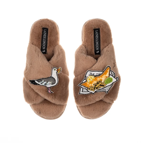 Laines London Classic Laines Slippers With Fish & Chips & Cheeky Seagull Brooches