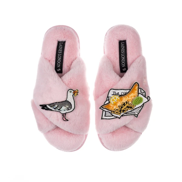 Laines London Classic Laines Slippers With Fish & Chips & Cheeky Seagull Brooches
