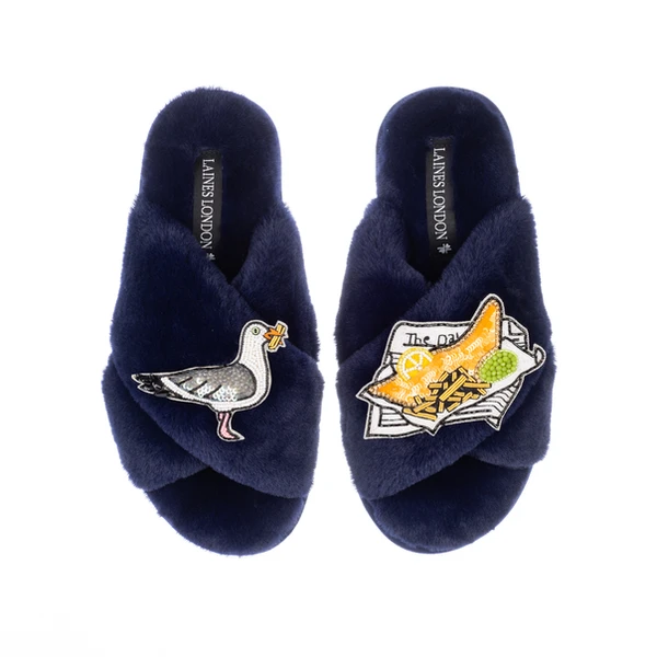 laines london Classic Laines Slippers With Fish & Chips & Cheeky Seagull Brooches
