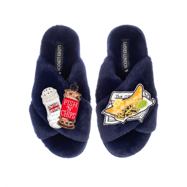 Laines London Classic Laines Slippers With Fish Chips & Salt & Vinegar Brooches