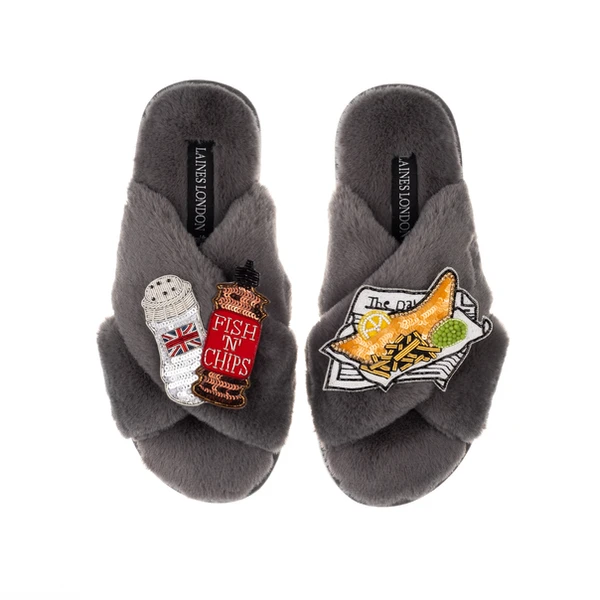Laines London Classic Laines Slippers With Fish Chips & Salt & Vinegar Brooches