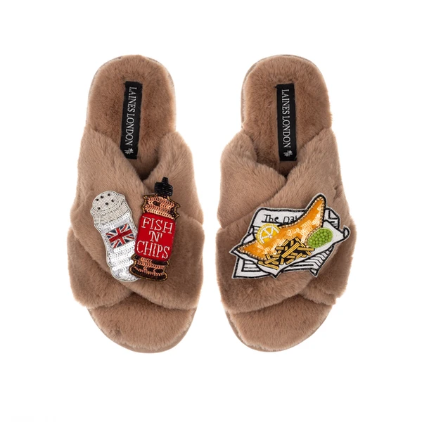 Laines London Classic Laines Slippers With Fish Chips & Salt & Vinegar Brooches