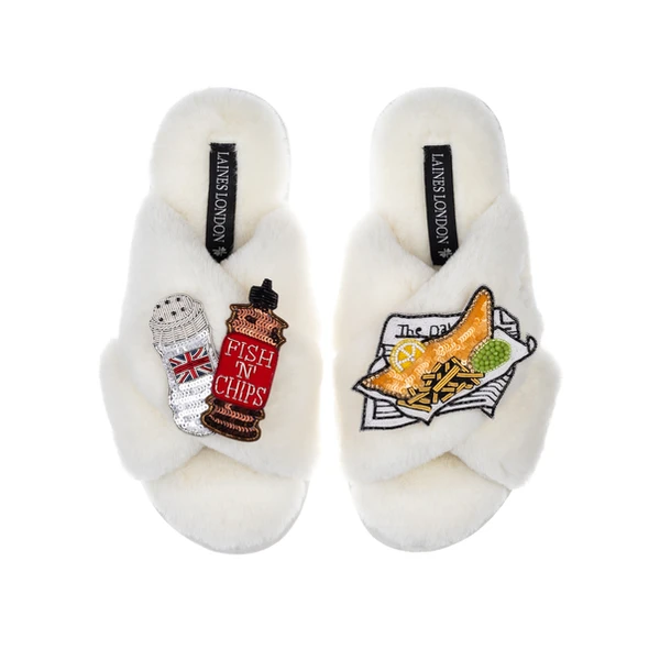 laines london Classic Laines Slippers With Fish Chips & Salt & Vinegar Brooches
