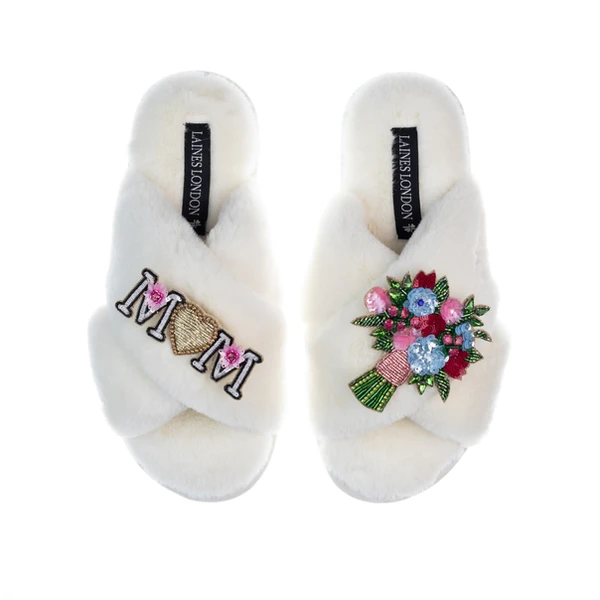 Laines London Classic Laines Slippers With Floral Bouquet & Mum / Mom Brooches