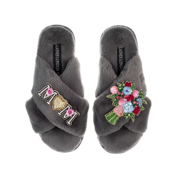 Laines London Classic Laines Slippers With Floral Bouquet & Mum / Mom Brooches