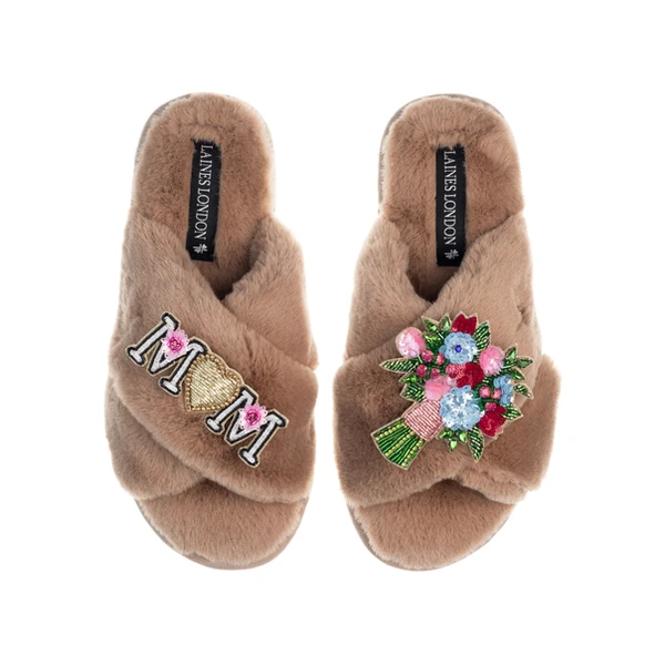 Laines London Classic Laines Slippers With Floral Bouquet & Mum / Mom Brooches