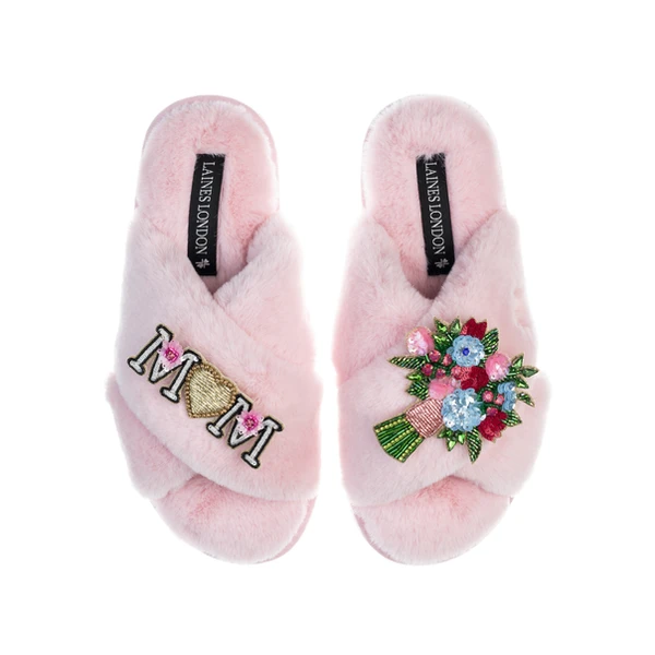 laines london Classic Laines Slippers With Floral Bouquet & Mum / Mom Brooches