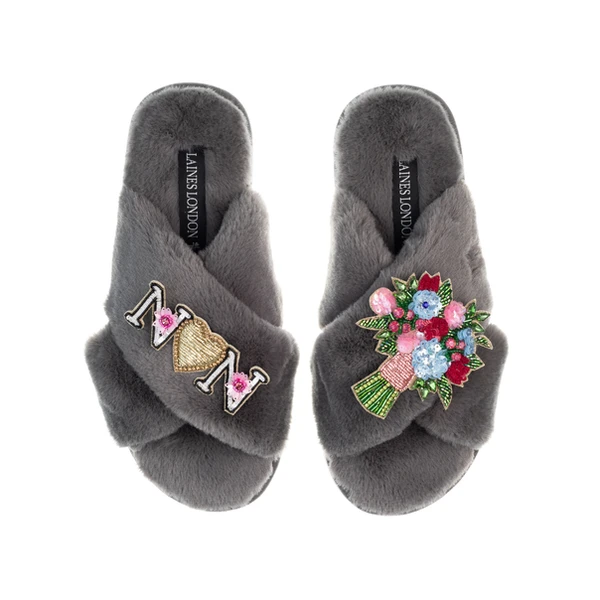 Laines London Classic Laines Slippers With Floral Bouquet & Nan Brooches