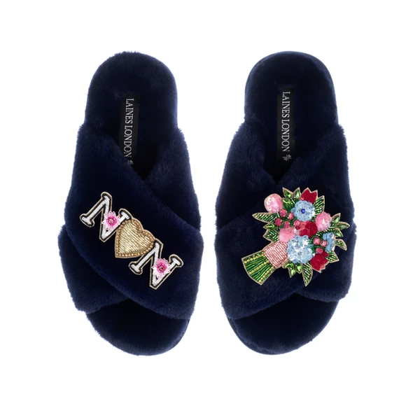 Laines London Classic Laines Slippers With Floral Bouquet & Nan Brooches