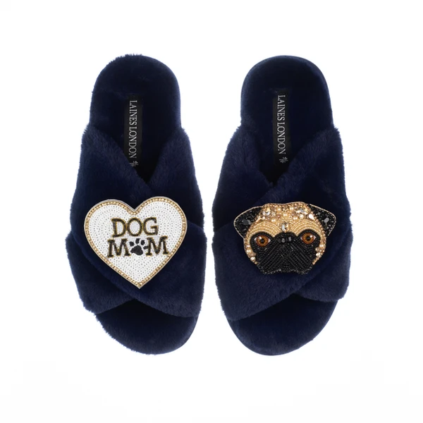Laines London Classic Laines Slippers With Franki Pug & Dog Mum / Mom Brooches