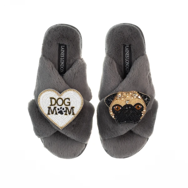 Laines London Classic Laines Slippers With Franki Pug & Dog Mum / Mom Brooches