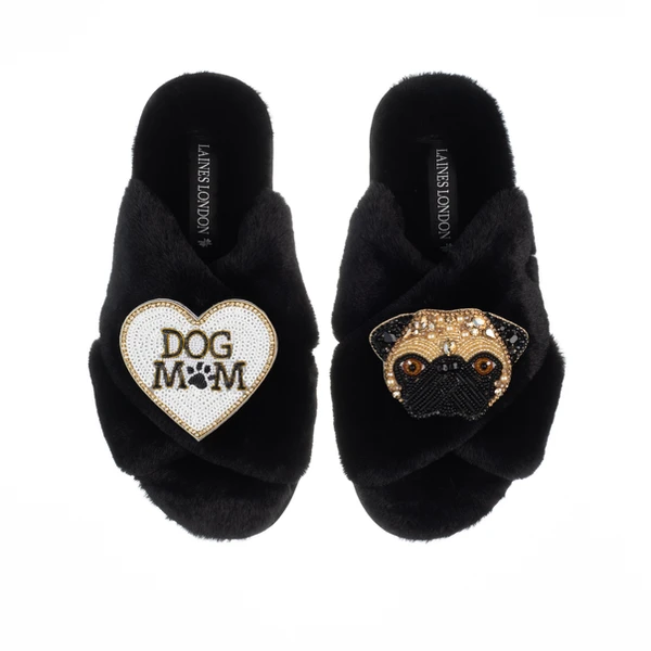 Laines London Classic Laines Slippers With Franki Pug & Dog Mum / Mom Brooches