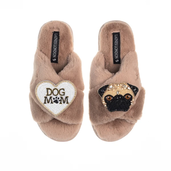 laines london Classic Laines Slippers With Franki Pug & Dog Mum / Mom Brooches