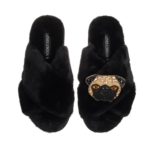 Laines London Classic Laines Slippers With Franki The Pug Brooch