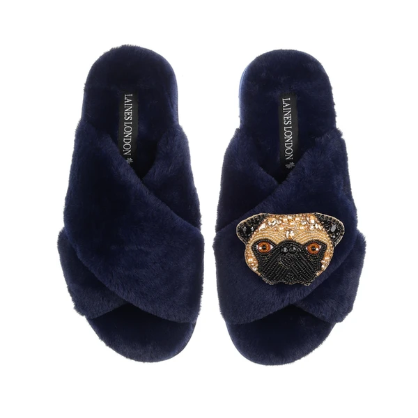Laines London Classic Laines Slippers With Franki The Pug Brooch