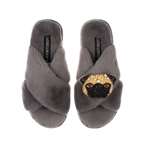 Laines London Classic Laines Slippers With Franki The Pug Brooch
