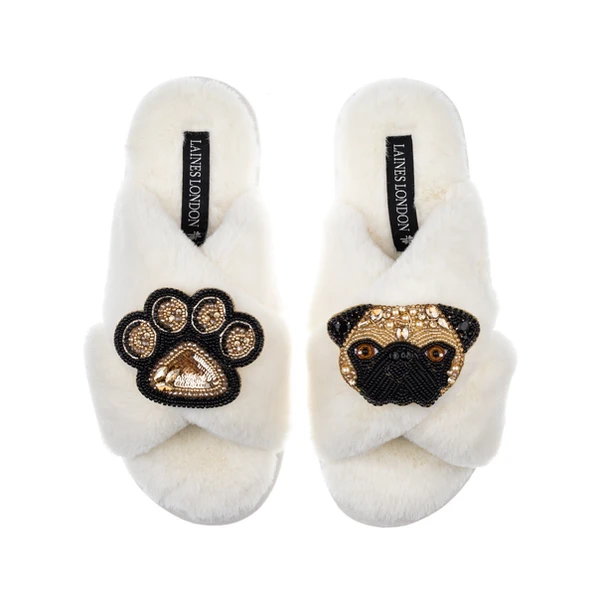 Laines London Classic Laines Slippers With Franki The Pug & Paw Brooches