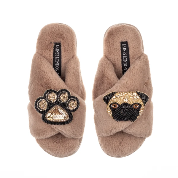 Laines London Classic Laines Slippers With Franki The Pug & Paw Brooches