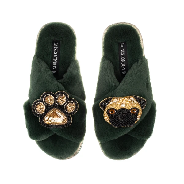 Laines London Classic Laines Slippers With Franki The Pug & Paw Brooches