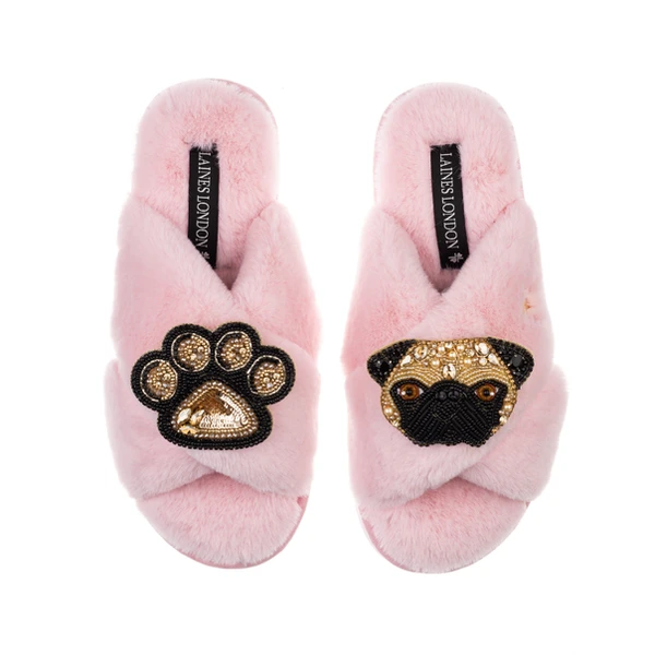laines london Classic Laines Slippers With Franki The Pug & Paw Brooches